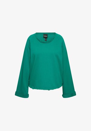 Felpa verde con scollatura rotonda, maniche lunghe con polsini arrotolati e orlo grezzo. Realizzata in tessuto morbido e elasticizzato.