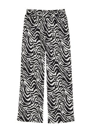 Schwarz-weiße Zebra gemusterte weit geschnittene Hose, ausgestattet mit einem elastischen Bund und einem leichten Stoff mit strukturierter Oberfläche.