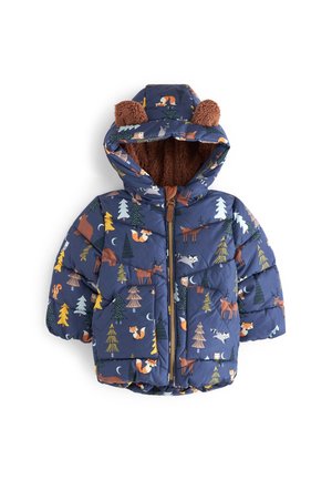 Doudoune bleu marine pour enfant avec motifs d'animaux de la forêt et d'arbres, capuche doublée en polaire marron et deux poches avant.