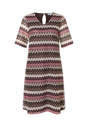Knie-lang Kleid mit kurzen Ärmeln, Schlitz-Ausschnitt und horizontalen, gewellten Streifen in Braun, Creme, Beige und Pink.
