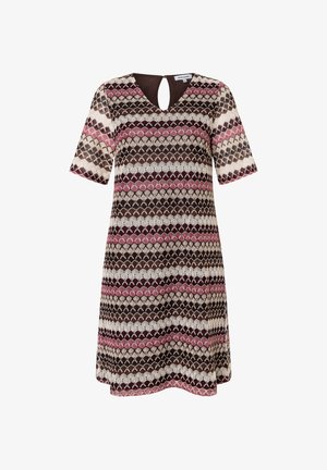 Knie-lang Kleid mit kurzen Ärmeln, Schlitz-Ausschnitt und horizontalen, gewellten Streifen in Braun, Creme, Beige und Pink.