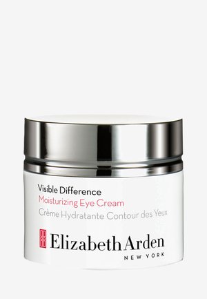 Crème hydratante pour les yeux dans un pot en verre dépoli rond avec un couvercle en argent. Le texte comprend le nom du produit et de la marque, en polices noire et rouge.
