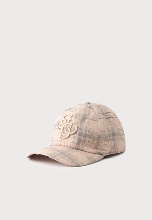 Casquette de baseball beige avec motif à carreaux gris et lettres entrelacées brodées sur le devant, présentée sur un fond clair uni.