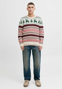 Maglione beige chiaro con motivi rossi, verdi e blu, che presenta renne e alberi. Abbinato a jeans blu scoloriti e scarpe marroni chiare.