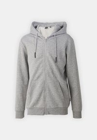 Hoodie zippé gris en tissu doux, doté d'une capuche avec cordons de serrage, de deux poches avant et de poignets côtelés. Aucune motif ni accent visible.