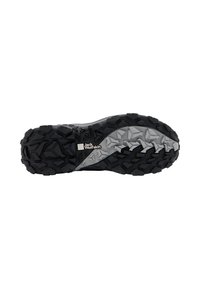 Traction shoe sole in black and gray rubber, featuring a rugged design with varied tread patterns and a central logo detail.