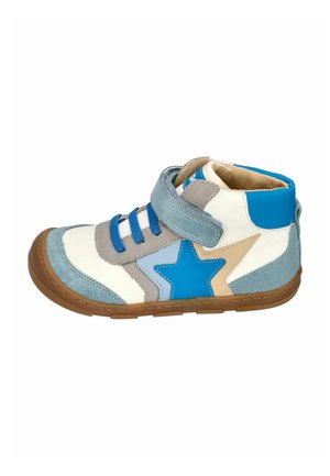 Kids' high-top sneaker in white, blue, and beige with blue star accents, blue laces, and a brown rubber sole.