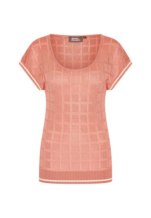 Top en tricot couleur pêche avec un décolleté arrondi, des manches courtes et un motif en quadrillage ; il présente une finition texturée et un ourlet rayé contrastant.