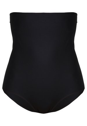 Black strapless swimsuit made of smooth, stretchy fabric with a solid design. Features a high-waisted cut and no visible accents or patterns.