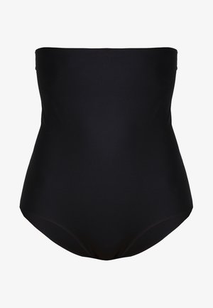 Black strapless swimsuit made of smooth, stretchy fabric with a solid design. Features a high-waisted cut and no visible accents or patterns.
