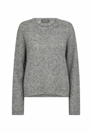 Gray knit sweater with long sleeves, rounded neckline, and a slightly cropped hem. Soft texture, featuring a small logo detail at the bottom.