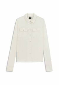 White long-sleeve shirt with a classic collar, two front pockets, button closure, and smooth fabric texture.