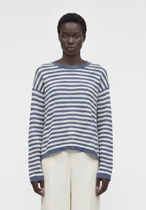 Άτομο που φοράει γαλάζιο και λευκό ριγέ πουλόβερ με μακριά μανίκια και ανοιχτόχρωμο παντελόνι, στέκεται μπροστά σε απλό λευκό φόντο.