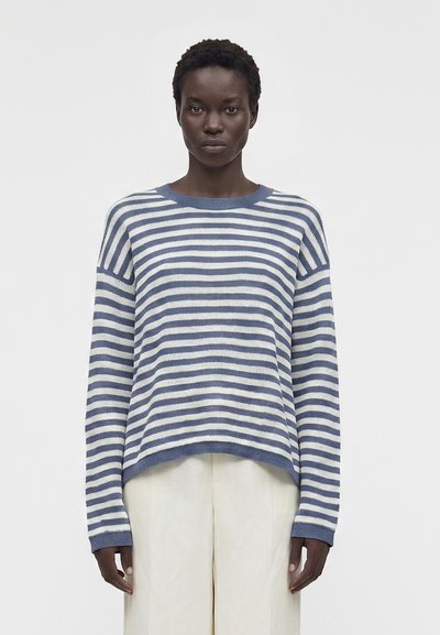 Personne portant un pull rayé bleu et blanc à manches longues et un pantalon de couleur claire, debout devant un fond blanc uni.