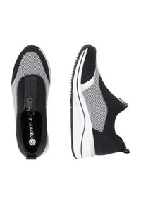 Black and gray slip-on sneakers made of mesh and synthetic materials. Features a white sole with textured grip and a zip closure on the side.