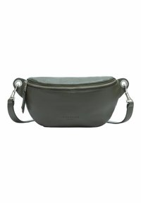 Borsa a tracolla verde in pelle con chiusura con zip, forma arrotondata, tracolla regolabile e logo discreto impresso sul davanti.