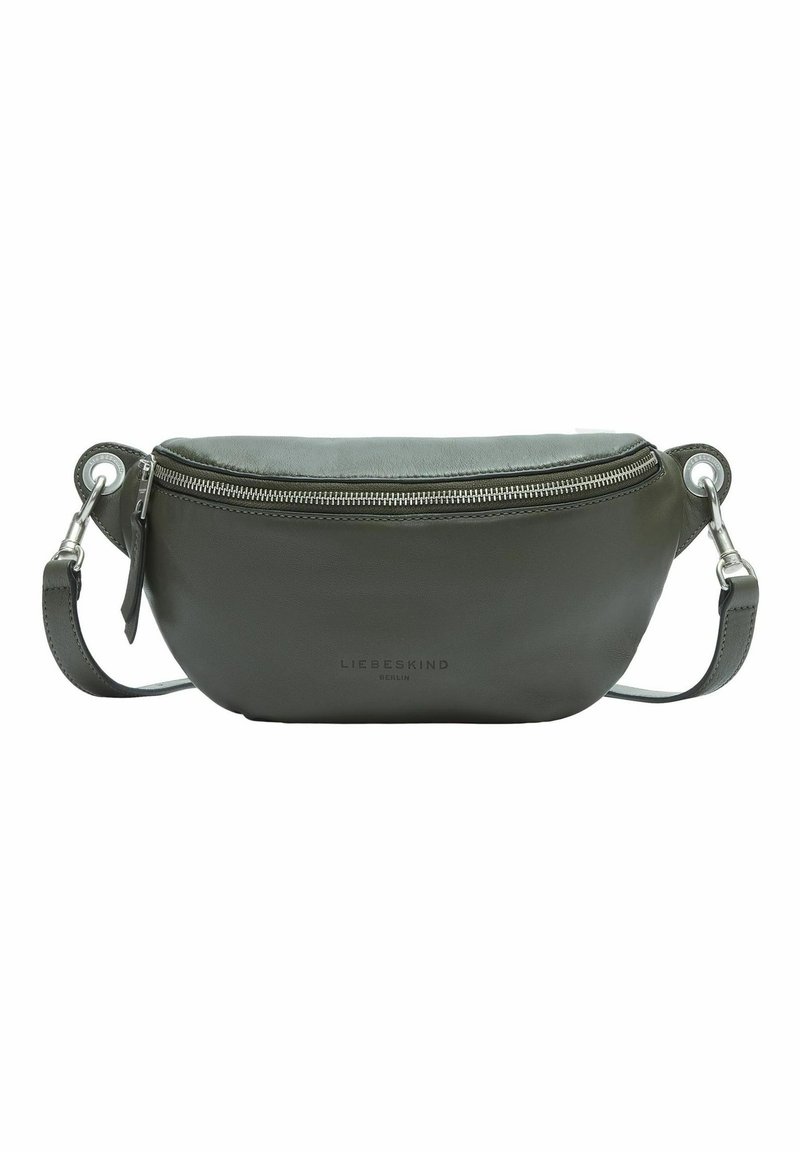 Borsa a tracolla verde in pelle con chiusura con zip, forma arrotondata, tracolla regolabile e logo discreto impresso sul davanti.