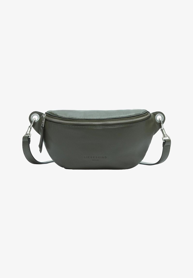 Borsa a tracolla verde in pelle con chiusura con zip, forma arrotondata, tracolla regolabile e logo discreto impresso sul davanti.