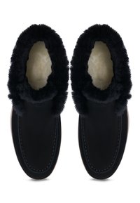 Svarta tofflor med slip-on design som har en mjuk foder av päls och sydda detaljer. Utsidan är i slät läder med en rundad tådels.