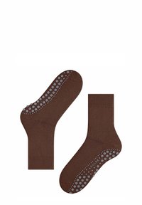 Calze marroni con una texture liscia, dotate di dots antiscivolo grigi sulla parte inferiore e di polsini a costine per una vestibilità sicura.