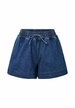Short en denim bleu foncé avec taille élastique et cordon à l'avant, coupe ample et larges ouvertures aux jambes.