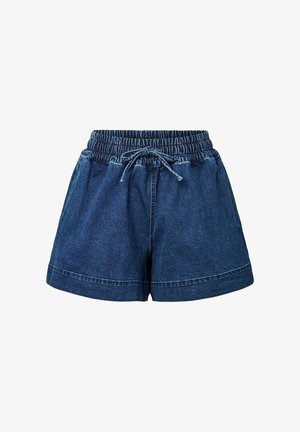 Short en denim bleu foncé avec taille élastique et cordon à l'avant, coupe ample et larges ouvertures aux jambes.