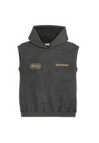 Ærmeløs hættebluse i mørkegrå, lavet af blødt stof. Har en frontlomme og gyldne trykte logo-detaljer.