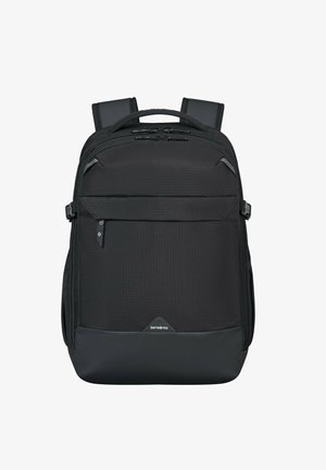 Black backpack made of textured fabric, featuring adjustable straps, multiple zippered compartments, and a reinforced bottom for durability.