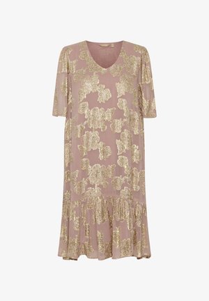 Roosa kleit V-kaelusega, lühikeste varrukate ja kogutud servaga. Kaunistatud kuldsete lillelistest sädelustest kogu ulatuses õhulisel kangal.