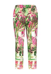 Hose mit lebendigem Blumen- und Blattmuster in den Farben Pink, Grün und Creme. Elastischer Bund, leichter Stoff, verkürzte Schnittform.