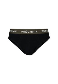 Czarne męskie slipy z zielonym pasem, na którym znajduje się białe logo "PRÓCHNIK". Gładka tekstura, klasyczny krój, z detalami szwu z przodu.