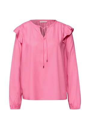 Vaaleanpunainen pitkähihainen pusero sileästä kankaasta, jossa on V-aukko, metallisillä päillä varustettu kiristysnauha ja lyhyet röyhelöt olkapäillä.