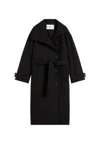 Zwarte wollen jas met een ceintuur om de taille, brede kraag en lange mouwen. Kenmerkt zich door knoopsluitingen en zijzakken. Glad textuur.