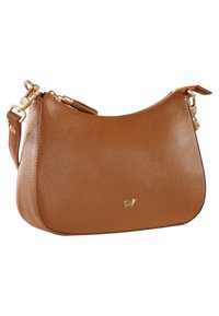 Borsa a spalla in pelle marrone chiaro con texture a grana fine, forma arrotondata, dettagli in metallo dorato e un piccolo logo impresso sul davanti.