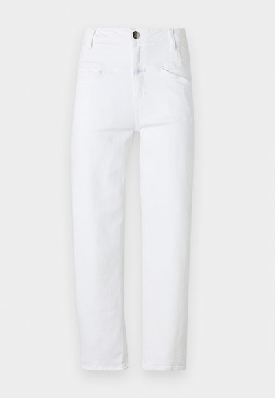 Valged denimid, millel on kõrge vöökoht, sirge lõige, kaks esistataskut ja üks tagatasku. Omab metallist nööpi ja lukku.