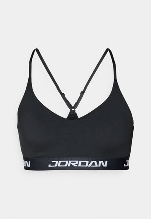 Bra sportivo nero con design a scollo a V, spalline sottili regolabili e una fascia larga con la scritta "JORDAN" in lettering bianco lungo il fondo.