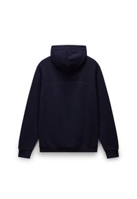 Felpa blu navy con cappuccio regolabile, polsini e orlo a costine, e texture liscia. Il design sul retro presenta una cucitura orizzontale nella parte superiore.