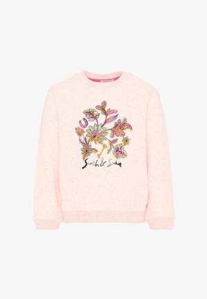 Sweat-shirt à manches longues rose clair tacheté avec broderie florale colorée et texte « Scotch & Soda » sur le devant.