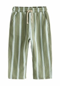 Pantalones de rayas verdes y azul claro hechos de tela suave y texturizada; cintura elástica con cordón; con dos bolsillos laterales.