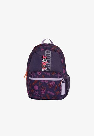 Paarse rugzak met patronen van Minnie Mouse, sterren en harten. Bevat een voorzak met ritssluiting en een gaas zijvak, met oranje accenten.