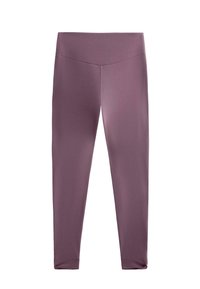 Leggings v mehkemu, umirjenem mauve odtenku, izdelani iz elastične tkanine. Imajo visok pas in oprijet, oblikovan kroj. Gladka tekstura.