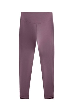 Leggings v mehkemu, umirjenem mauve odtenku, izdelani iz elastične tkanine. Imajo visok pas in oprijet, oblikovan kroj. Gladka tekstura.