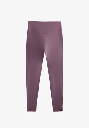 Leggings i en mjuk, dämpad mauve-färg, tillverkade av elastisk tyg. Har en hög midja och åtsittande, avsmalnande ben. Slät textur.