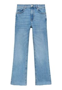 Jeans din denim de culoare albastru deschis cu un design de picior evazat, având închidere cu nasture și fermoar, stil cu cinci buzunare și tiv brut.