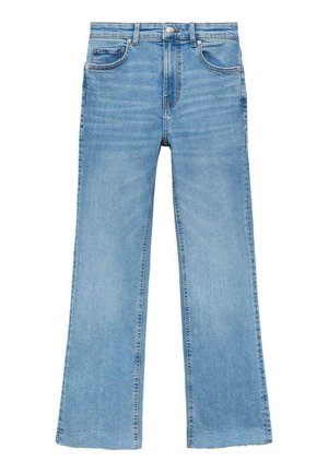 Lys blå denim jeans med en flagrende ben-design, der har en knap- og lynlåslukning, fem-lommestil og en rå kant.