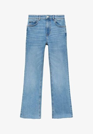 Light blue denim jeans with a flared leg design, featuring a button and zipper closure, five-pocket styling, and a raw hem.