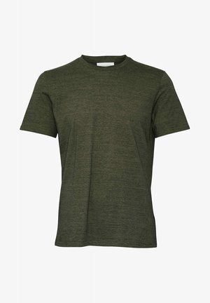 Olivegrünes T-Shirt mit kurzen Ärmeln, Rundhalsausschnitt, weicher, strukturierter Stoff, gerade Saumlinie, keine sichtbaren Marken oder Muster.
