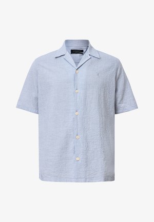 Koszula z krótkim rękawem w jasnoniebieskim kolorze, o fakturowanej tkaninie, z kołnierzykiem i sześcioma guzikami z przodu; ma subtelne logo na piersi.