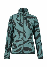 Teal jack met zwart tijgerstrepenpatroon, hoge kraag, volledige rits en koordjes. Zachte textuur, met twee voorzakken.