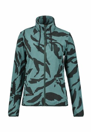 Veste teal avec un motif de rayures de tigre noires, col haut, fermeture éclair complète et cordons de serrage. Texture douce, avec deux poches à l'avant.